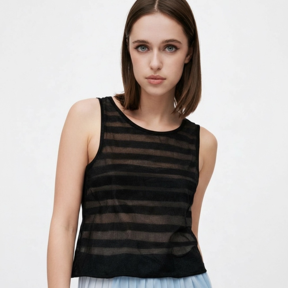 ALBERTA DI FERRETTI Sheer Striped Sleeveless Blouse Tank Top